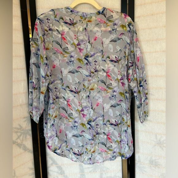 APNY Floral Watercolor Sheer Crinkle 3/4 Sleeve Hi-Lo Blouse L - Picture 2 of 9
